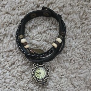 Vintage-Inspired Black Leather Wrap Watch